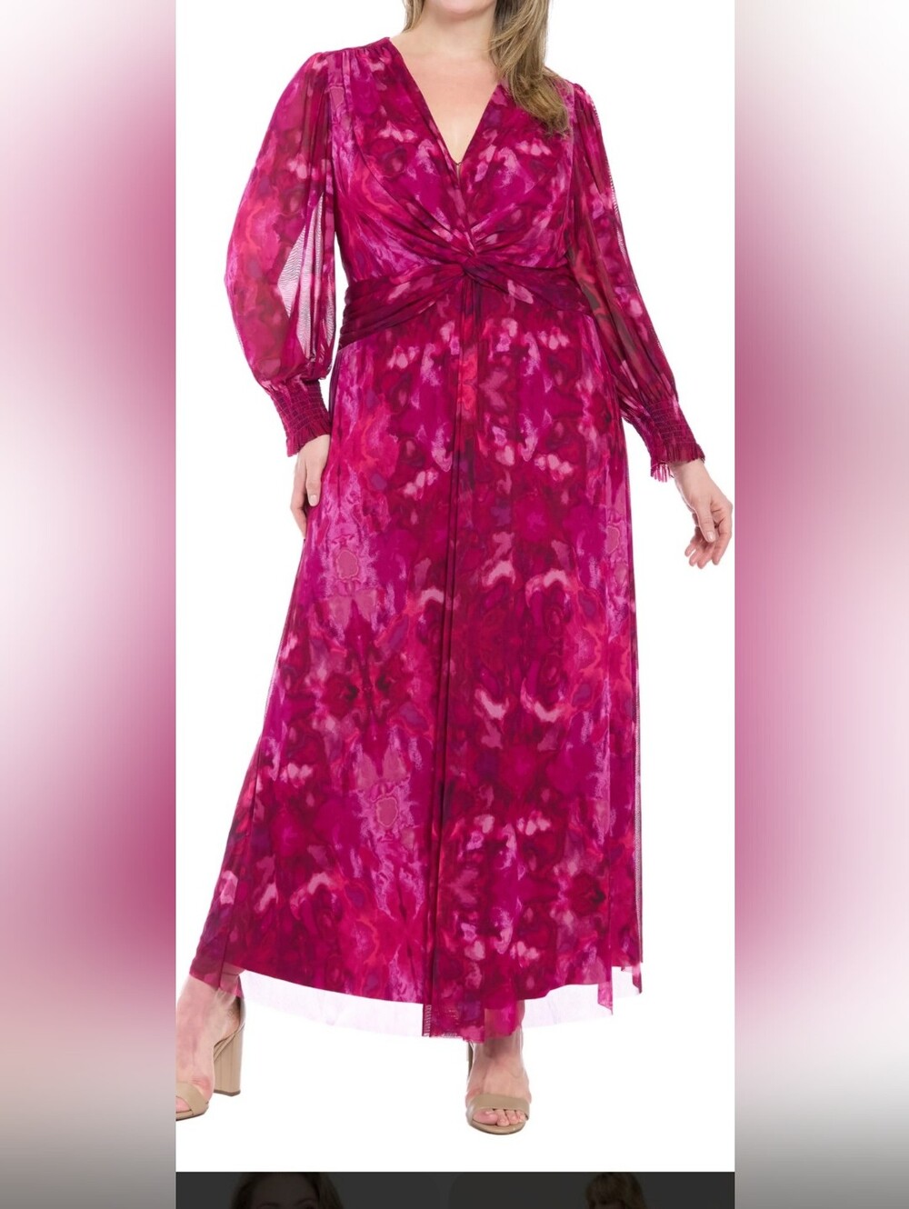 London Times Fuchsia Pink Long Sleeve Maxi Dress